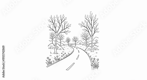 A winding road through a grove of bare trees and wildflowers