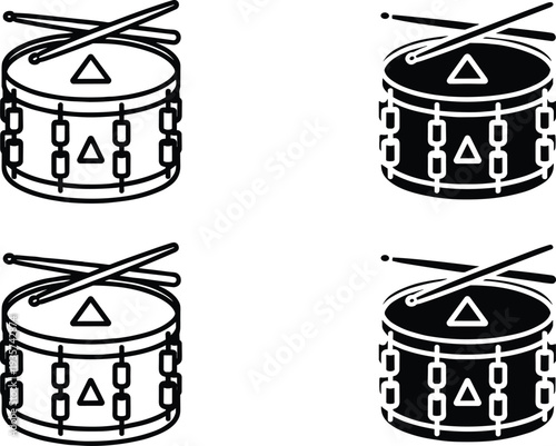 Snare drum icon set with drumsticks, musical percussion instrument silhouettes, marching band drum vector illustration collection