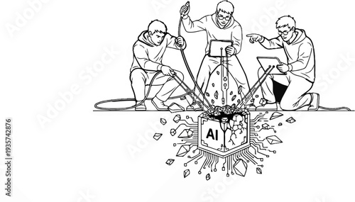 People building and interacting with a breaking AI cube