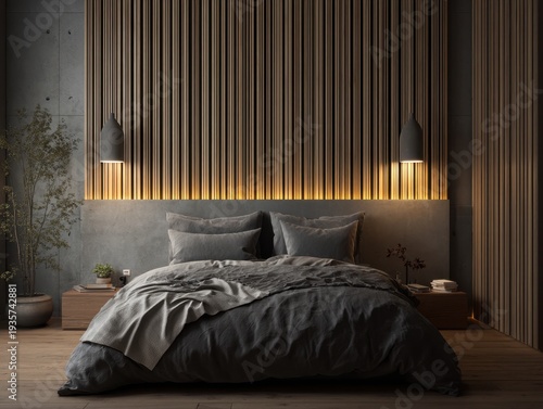 Cozy bedroom with warm ambient lighting. Wooden slats backlight the bedhead. Dark bedding contrasts with soft glow. Minimalist bedside tables with small plants