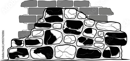 Rough, textured stone wall, partially covered by broken brickwork