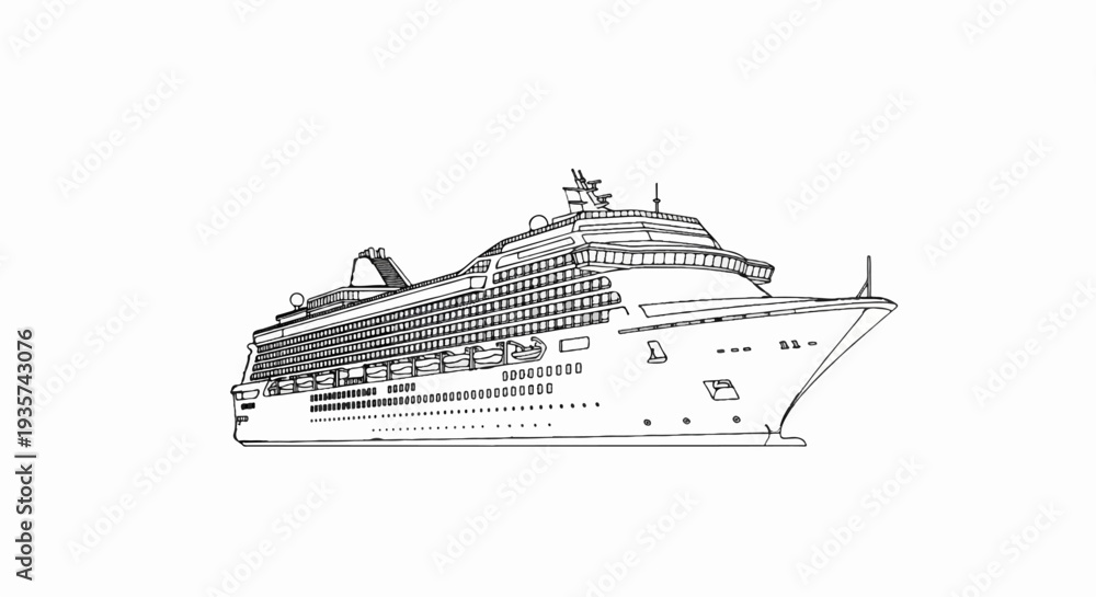 Fototapeta premium A detailed black and white sketch of a large, multi-decked passenger ship