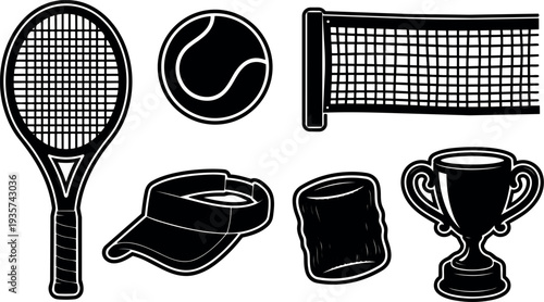 Flat design close up tennis racket ball net visor wristband and trophy sticker set with bold outline top view vector
