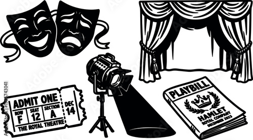 Line art overhead spotlight and theatre masks playbill ticket and stage curtain composition for drama production close up black white