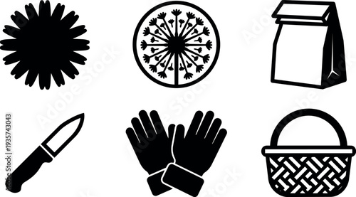 Flat design close up garden foraging icons set with seed head dandelion flower paper bag knife gloves basket simple silhouette