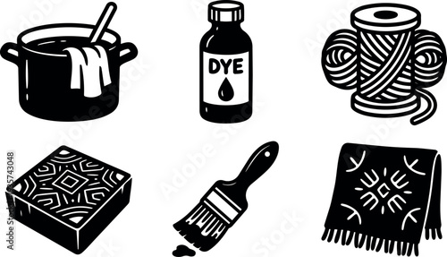 Line art craft icons showing dye pot yarn spool block print brush and patterned scarf close up flat vector illustration