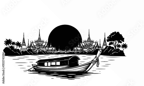 Serene river scene with a boat before temples and a large sun