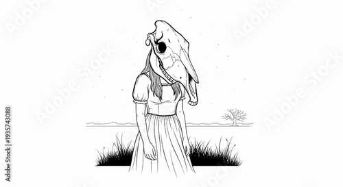 Sketchy woman in animal skull mask stands in desolate landscape