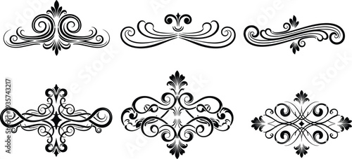 Black silhouette collection of ornate decorative motifs, vintage floral vector icons for invitations, certificates, graphic design, and elegant artwork