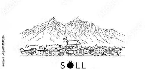 Stylized line drawing of a European mountain village with iconic church and peaks