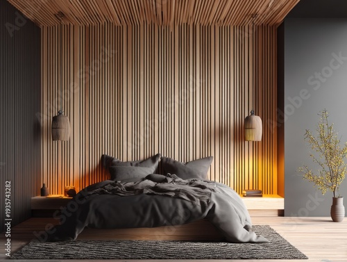 Modern bedroom with wood paneling and warm lighting. Bed rests on a minimalist platform. Dark bedding contrasts with wooden textures. Wall sconces cast soft, ambient glow