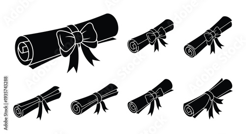 Collection of black and white illustrations depicting rolled parchment scrolls