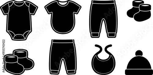 Flat design top view baby clothing icon set showing bodysuit bib pants booties socks and pompom hat simple bold monochrome