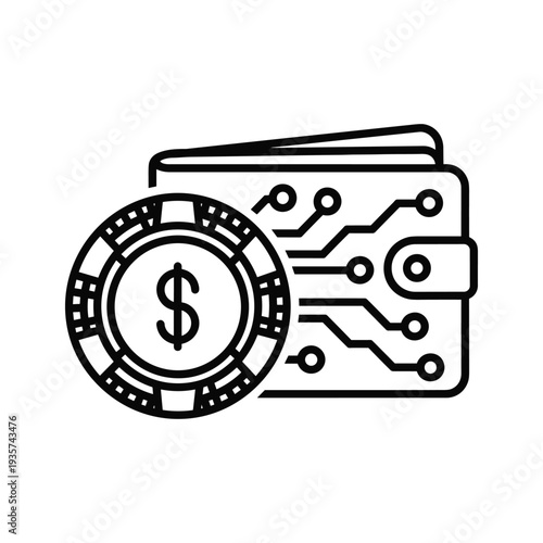 Digital currency poker chip with circuit board and wallet illustration