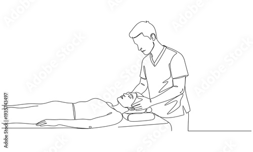 One line drawing of person receiving back massage therapy. Single continuous line drawing man patient lying on the floor masseur therapist doing healing treatment massaging