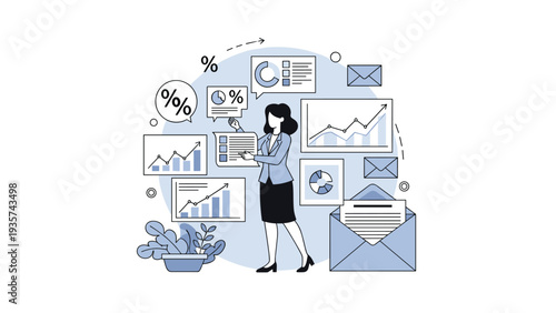 Businesswoman managing various financial charts, data analytics, and email communications within a professional corporate workflow concept.