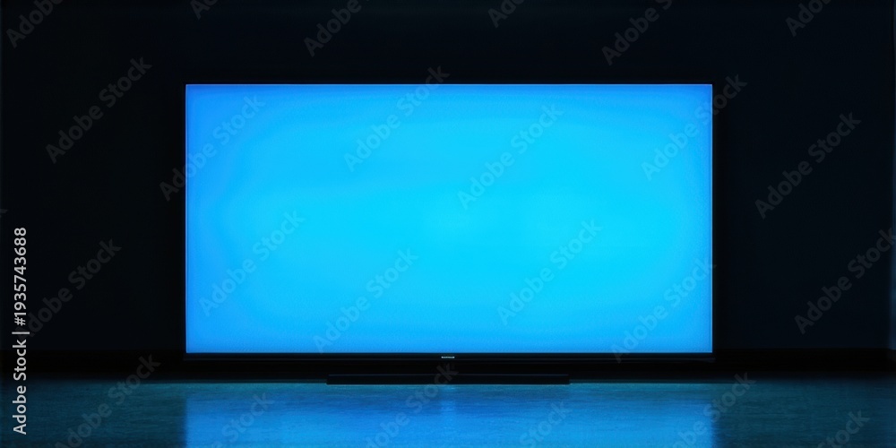 Fototapeta premium Bright screen dominates dark room. Minimalist setup, focus on displays glow. Modern aesthetic, simple composition. Reflective surface below.