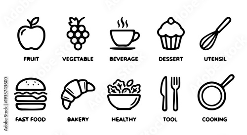 Hand-drawn food and kitchen icon set featuring fruit, fast food, bakery, healthy salad, beverages, and cooking utensils, charcoal sketch style vector illustrations on a transparent background.