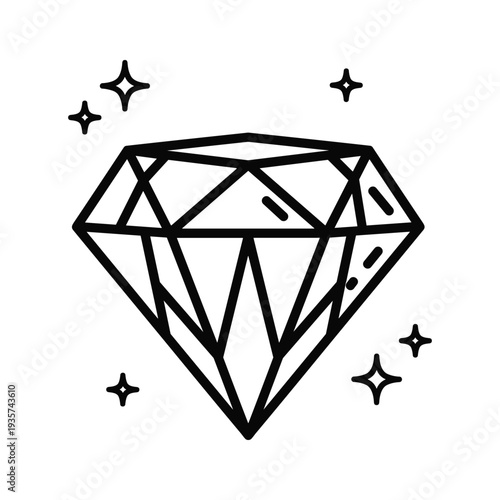Elegant black and white illustration of a sparkling gemstone with star accents