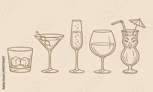 Hand drawn cocktail and champagne illustrations for celebration, party, wedding, and festive holiday. Summer holiday party alcohol beverage glasses, ice cube menu design print