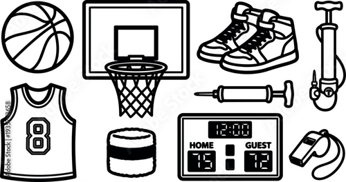 Line art vector icon set of basketball equipment hoop jersey sneakers pump whistle scoreboard minimal bold outline isolated flat design