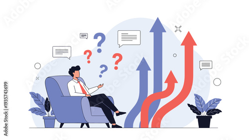 Businessman sitting in a chair contemplating future growth strategies represented by rising arrows and various question marks and speech bubbles.