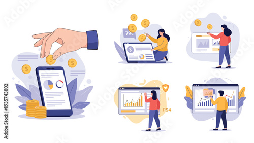 Financial technology concept showing a hand placing coins into a smartphone used for tracking investments and analyzing stock market data.
