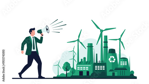 Professional advocate using a megaphone to promote green energy solutions featuring wind turbines and eco-friendly factory infrastructure.