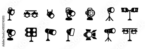 Spotlight and Stage Lighting Silhouette Icon Set – Studio and Theater Lights