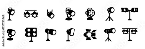 Spotlight and Stage Lighting Silhouette Icon Set – Studio and Theater Lights