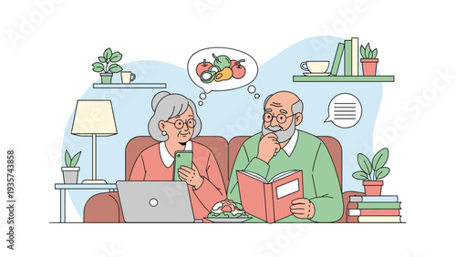 Senior couple enjoying a healthy lifestyle while browsing digital devices, reading books, and thinking about nutritious fruit and vegetable options.