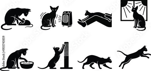 Vector illustrations of playful cats engaging in various activities at home