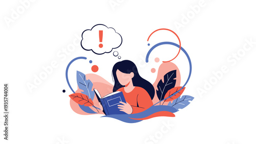 Young woman immersed in a book while surrounded by abstract floral elements and a thought bubble containing an exclamation mark of discovery.