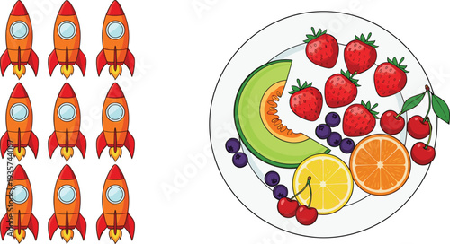 Set of Nine Cartoon Red Space Rockets in Flight and Healthy Fruit Platter with Melon Strawberries Blueberries and Orange Slices Vector