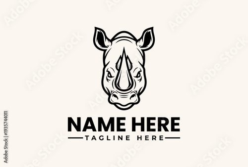 A black and white illustration of a rhinoceros head with a placeholder name and tagline on a plain background, featuring a vector logo design with an icon and pictogram elements.