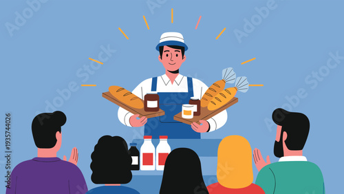 Professional baker presenting fresh products like bread loaves and bottled dairy items to an appreciative audience in a local bakery setting.