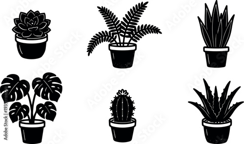 Flat design close up six potted houseplants arranged in grid black silhouette on white background minimal botanical icons monochrome stencil