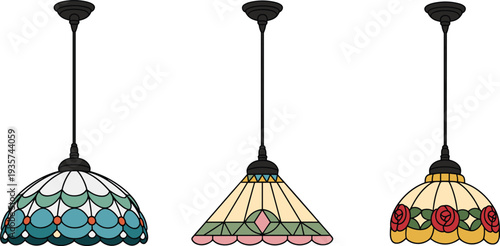 Vintage Tiffany style stained glass pendant lamps set with floral patterns, decorative hanging ceiling lighting fixtures isolated on white background illustration