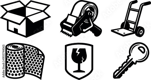 Flat design packing and moving icon set close up open box tape dispenser hand truck bubble wrap fragile shield key