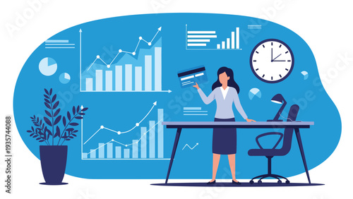 Professional woman managing corporate finances with a credit card, surrounded by data charts and a clock representing timely business operations.