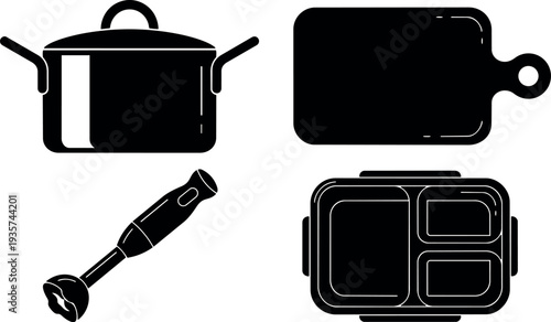 Minimalist silhouette flat design top view pot cutting board hand blender divided food tray isolated vector icons black set kitchen