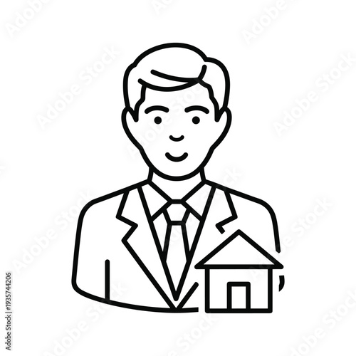 Professional man in suit standing next to a small house illustration