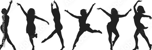 Silhouette women dancing, graceful movement, artistic poses, modern dance illustration, expressive choreography, black figures, energetic performance, creative art, minimal design, abstract motion
