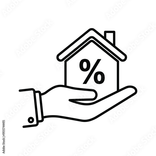 A hand holding a house icon with a percentage sign indicating investment or property value.