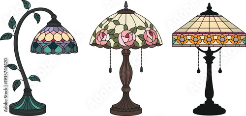Vintage stained glass table lamps illustration set with floral Tiffany style designs, decorative antique lighting collection isolated on white background