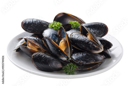 Fresh mussels on a plate on transparent background
