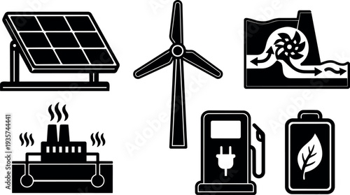 Flat design renewable energy icon set solar panel wind turbine hydro power plant electric vehicle charger battery icon collection vector