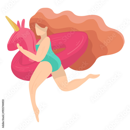 Women girl bathing suit swimsuit hair swimming circle unicorn flat