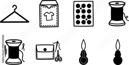 Minimal line art sewing icon set showing hanger tag buttons spools needle scissors and pouch in flat vector style landscape