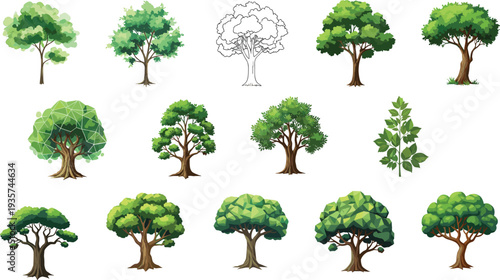 Collection of illustrated trees in flat, polygonal, and outline styles — perfect for nature, eco design, forest scenes, or infographics.